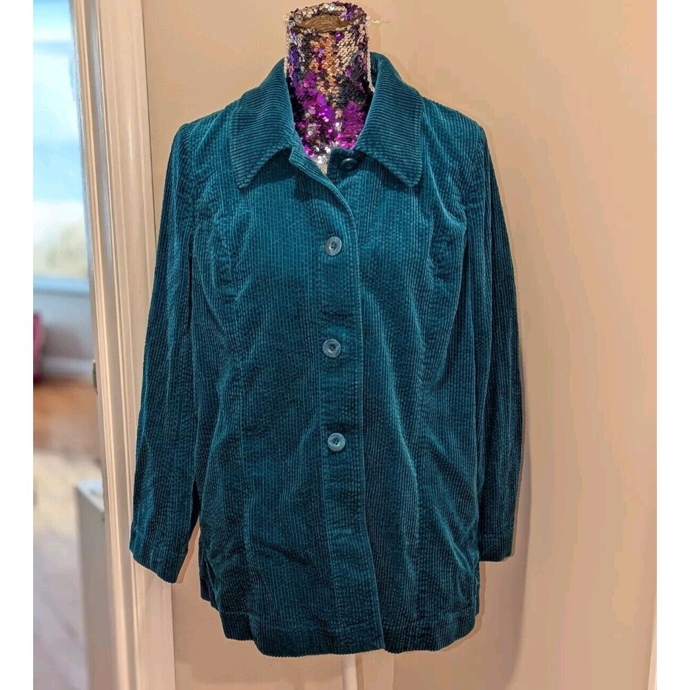 J. Jill Teal Blue Corduroy Ribbed Cotton Button Front Jacket Cottagecore Retro
